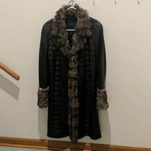 Women's Black and Brown Faux Fur Trim Coat